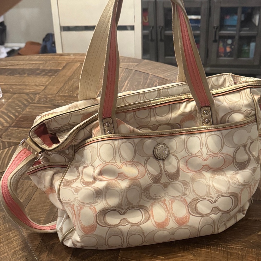 Coach Beige and Pink Signature Diaper bag